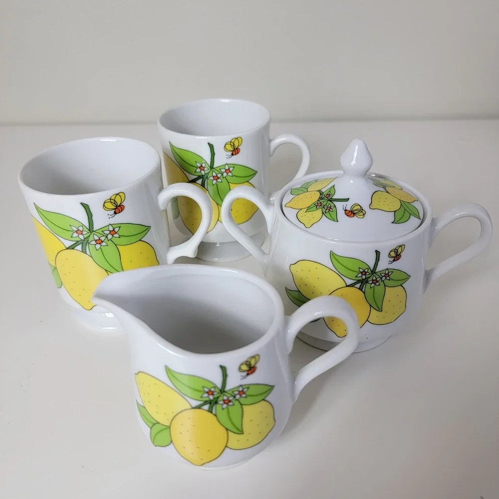 Vintage A Lorrie Design Japan Lemon‎ Bee Cream Sugar Set 2 Cups Tea Lot